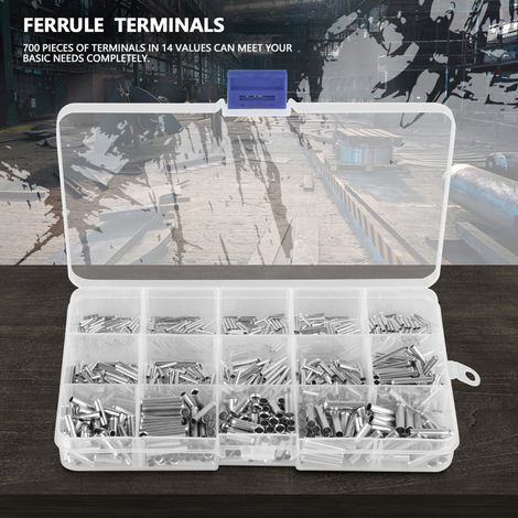 Kit d'assortiment de 700 cosses en cuivre non isolées à virole, 14 valeurs, calibre 1022 AWG, pour câbles. (1/5)