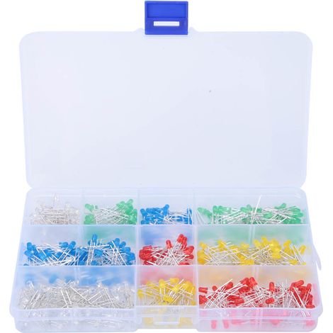 Lot de 500 LED 3mm tête ronde, couleurs assorties Bleu/Jaune/Rouge/Vert/Blanc, diode électroluminescente pour bricolage et projets électroniques, boîte de rangement. (1/5)