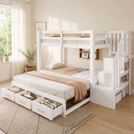 DESMIU Lit superposé 90 × 200 cm 2 places avec lit gigogne, 3 tiroirs et escalier de rangement, sans matelas, blanc (1/5)