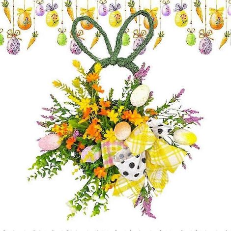 Couronne de Pâques printanière avec lapin, couronne de fleurs artificielles et œufs colorés, glycine en rotin, couronne de porte d'entrée printanière, artisanat champêtre (1/5)