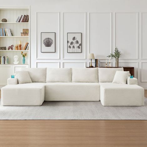 Canapé modulable en U en velours côtelé avec coussins à ressorts, porte-gobelets et poches de rangement pour salon et détente (1/3)