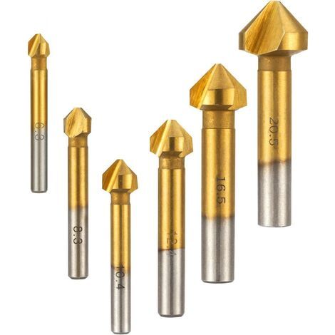 6 pièces fraise en noyer fraise conique 90° chanfrein HSS 6.3mm 8.3mm 10.4mm 12.4mm 16.5mm 20.5mm dents outil de revêtement en titane fraise cylindrique fraise pour bois métal PVC (1/5)