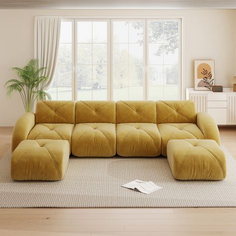 Canapé modulable en U sans armature, ensemble de canapé combinable 4 places, avec 2 tabourets, pour salon, tissu confortable, design antidérapant, aucun montage requis, jaune (1/5)
