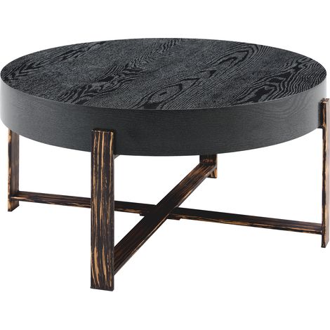 Table basse ronde industrielle en MDF noir effet bois, 68 cm de diamètre, structure métallique en bronze antique (1/5)
