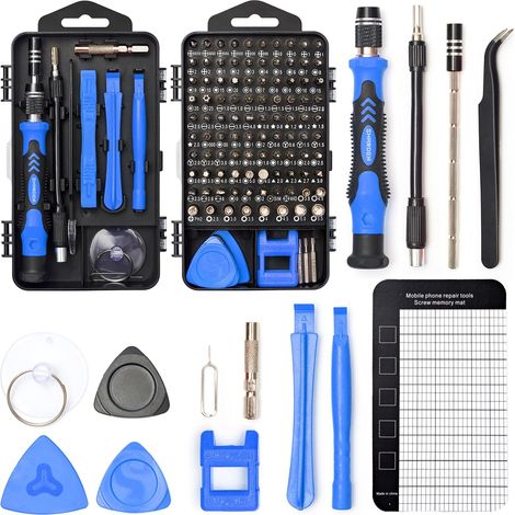 Kit d’outils et tournevis magnétiques de précision 122 en 1 avec étui - Pour réparer électronique, ordinateur, téléphone portable, ordinateur portable, console de jeu, montre, lunettes - Bleu (1/5)