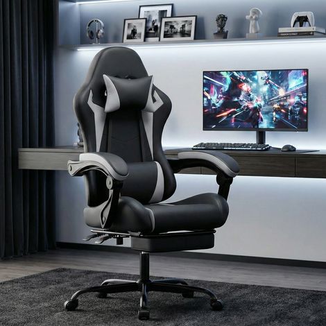 Chaise gaming ergonomique OKWISH noir et blanc avec coussin lombaire et appui-tête (1/5)