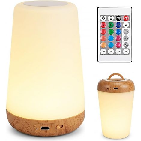 Veilleuse LED de chevet – Petite lampe de table sans fil avec télécommande tactile rechargeable par USB, fonctionne avec piles, 13 couleurs, 5 niveaux de luminosité, minuterie – pour enfants [Classe é (1/4)