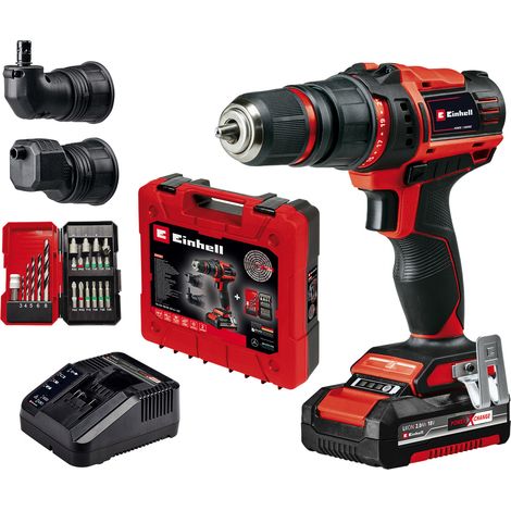 Einhell Akku-Bohrschrauber TE-CD 18/45 3X-Li+22 Power X-Change (18 V, 45 Nm, Winkelaufsatz, Exzenter Aufsatz, 22-tlg. Bitset, 2,0 Ah-Akku, Ladegerät + E-Box) (1/5)