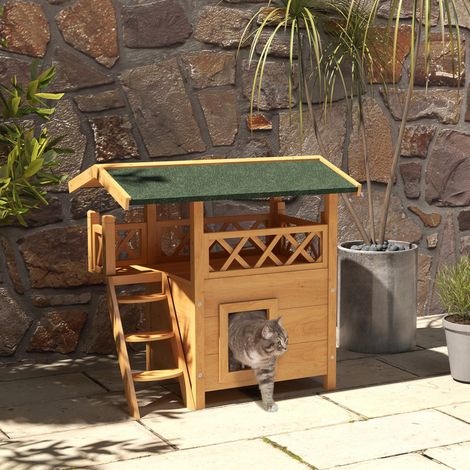 Nichoir de style lodge pour chats sauvages errants, avec terrasse et escalier, 77 x 50 x 73 cm, en bois naturel (1/5)