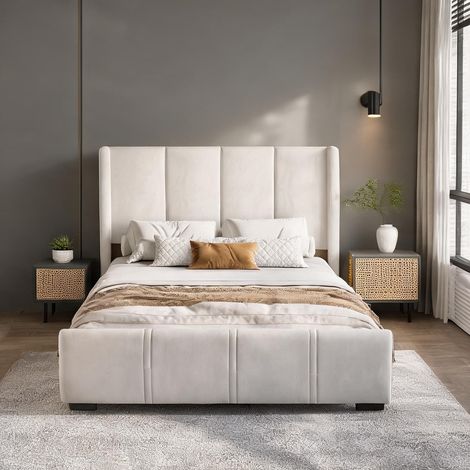 Cadre de lit beige en velours 83,5 x 61 x 55,1 cm (1/5)