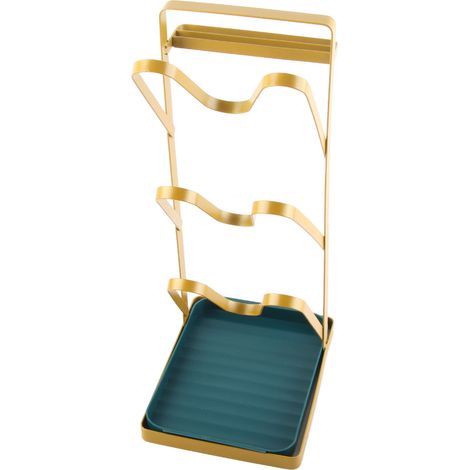 Support à couvercles de casseroles à 3 niveaux, à poser sur un plan de travail, avec égouttoir amovible et emplacement pour couteau. Couleur or clair et luxueux. (1/5)