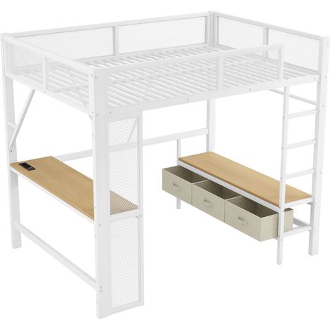 Letto a soppalco 140 x 200 cm in metallo bianco con USB, LED, scrivania, armadio e 3 cassetti (1/5)