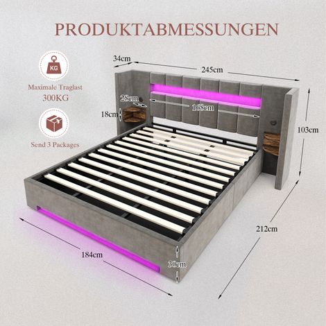 Cadre de lit en velours 180×200 cm avec tête de lit large, rangement hydraulique, éclairage LED, 2 ports USB & armoire rétro – livré en plusieurs colis (1/4)