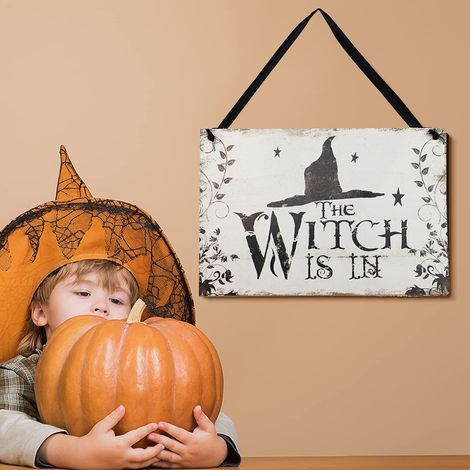 Halloween-Dekoration: Hexenhut aus Holz, Hängeschild für Tür und Fenster, 18 x 26 cm, Tasche (1/4)