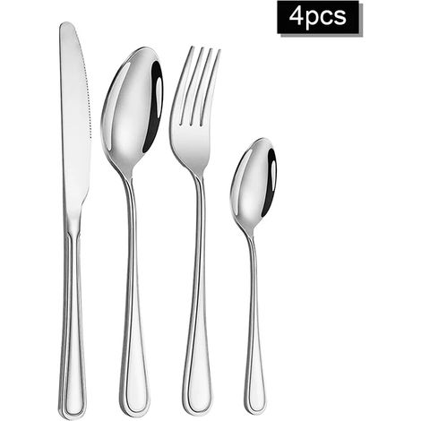 Ensemble de couverts en acier inoxydable (4 pièces argenté), comprenant un couteau et une fourchette à steak, une fourchette et une cuillère à dessert. (1/5)