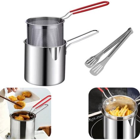 Set d'ustensiles de cuisine en inox - panier friteuse et pinces, plusieurs tailles (1/5)