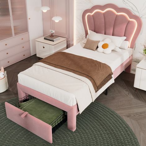 Kinderbett 90x190 cm mit LED Beleuchtung und Schublade, Polsterbett Jugendbett aus Samt in Rosa, Einzelbett mit Lattenrost und verstellbarem Kopfteil (1/5)