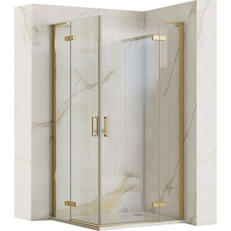 REA – Cabine de douche d'angle 90x90 – Verre trempé 6mm – Finition or – Ouverture réciproque – Revêtement Easy Clean