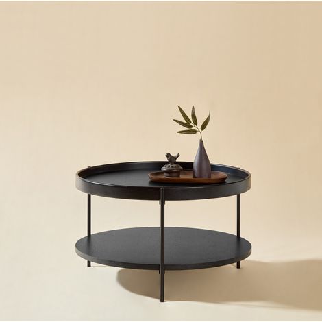 Mesa de centro redonda 69 x 69 x 38 cm negra, 2 niveles, MDF y metal, montaje sencillo MEUBLIV (1/5)
