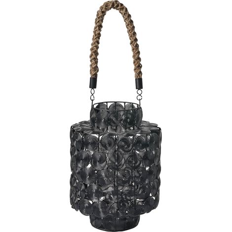 Lanterne en Métal Style Marocain avec Poignée en Jute Bougeoir Noir Mmmojstir
