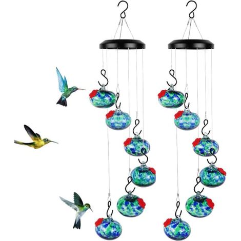 Juego de 2 campanillas de viento, comederos para colibríes, comederos colgantes para colibríes de exterior, resistentes a hormigas y abejas (azul) (1/4)