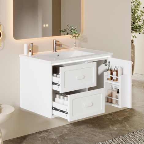 Armoire murale salle de bain 76x46x51cm entièrement peinte éclairage radar LED deux tiroirs rails coulissants silencieux lavabo intégré blanc.
