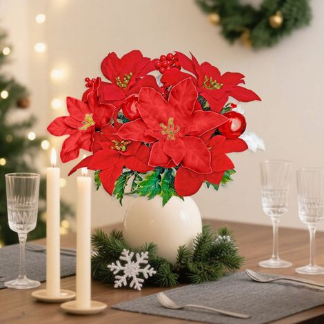 Fleurs Artificielles Poinsettia - Décoration de Noël Dorée avec Tiges et Pinces - Ornement pour Arbre de Noël Mariage Fête - Rouge - 1 Pièce (1/5)