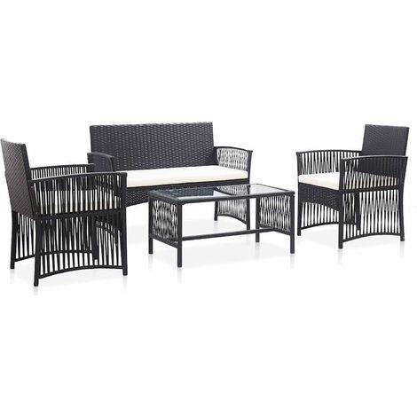 Set muebles de jardín 4 piezas y cojines ratán sintético negro (1/5)