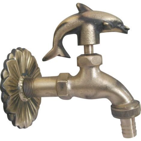 Dekorativer Gartenwasserhahn für den Außenbereich, Vintage-Wandwasserhahn aus Messing für Gartenschläuche, kompatibel mit 1/2-Zoll-Schläuchen, Delfin-Design. (1/5)