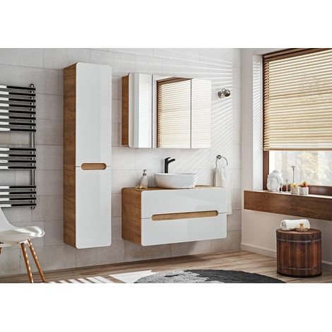 Otitec – Meuble sous vasque simple en chêne artisanal doré et blanc brillant – L80-H59-P46 – Plan de vasque bois FSC L-81-P46-H2,5
