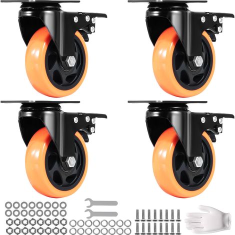 Roulettes Pivotantes Lot de 4 Roulettes pour Meubles Industrielles 101,6 mm Roues Silencieuses en PVC avec Frein à Verrouillage A/B Capacité de Charge 159 kg par Roulette pour Chariots Établis (1/5)