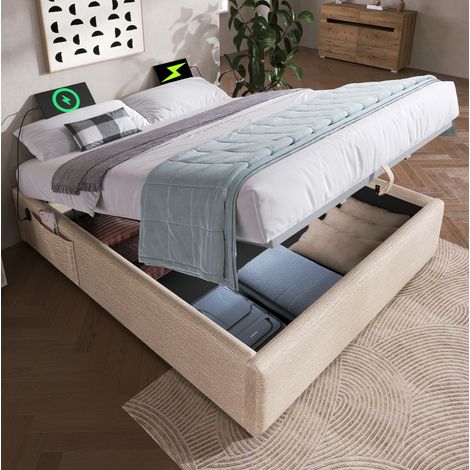 Bett Doppelbett Stauraum 140x200 Leinen USB Natur OKMYHOME (1/5)