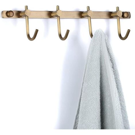 Handtuchhakenhalter aus Messing, Wandhakenhalter aus gebürstetem Messing, antike Messing-Reihenhaken mit 4 rustikalen Wandhaken (1/4)