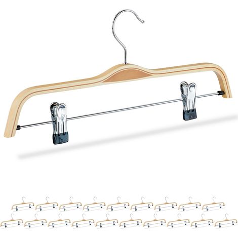 20 wooden trouser hangers, with adjustable rubberised clips and 360° swivel hooks, 37 cm wide, natural finish (1/5)