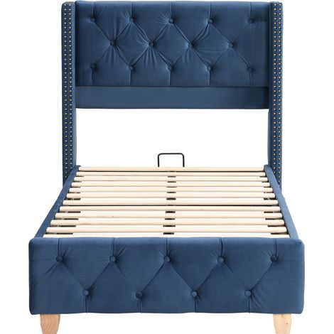 Lit capitonné 90x200 cm en velours bleu avec sommier à lattes et tête de lit (1/5)