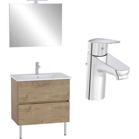 VitrA Pack meuble 80cm chêne doré 2 tiroirs Mia Plus Square, plan céramique, miroir avec éclairage, mitigeur et vidage (1/5)