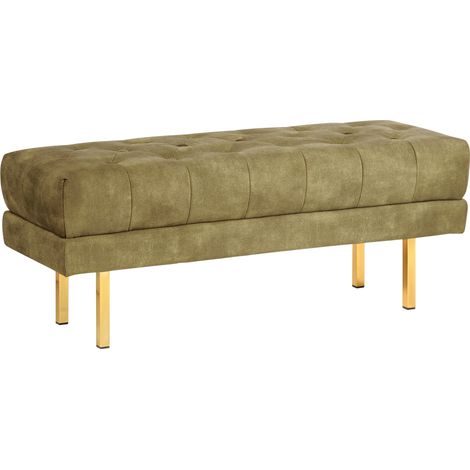 Banco tapizado decorativo glamuroso patas de metal dorado estampado liso terciopelo verde oliva Roseville