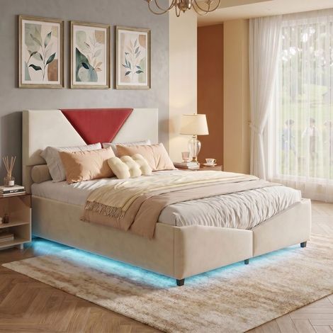 Letto matrimoniale 140x200 con rete a doghe - Letto contenitore idraulico, LED e spazio di stoccaggio laterale - velluto bianco sporco e bordeaux (1/5)