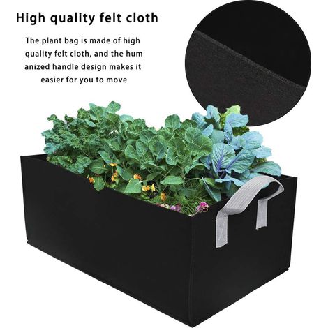 Rechteckiger schwarzer Filz-Pflanzsack, 90 x 30 x 20 cm, mit Griff, ideal für Blumen und Gemüse.