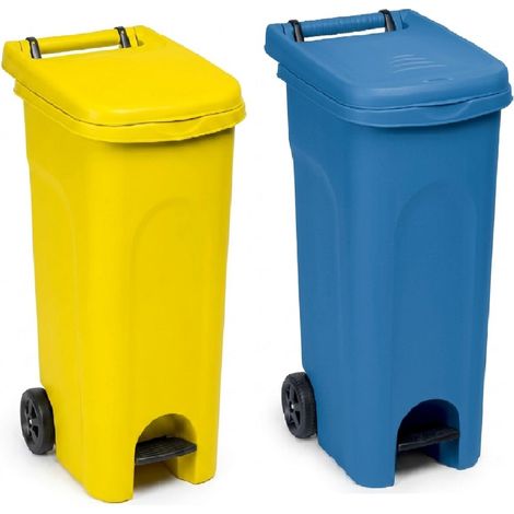 2 Bidoni 80 Litri giallo e blu Carrello con Ruote Pedale e coperchio Raccolta spazzatura Differenziata da Esterno e Interno Anello Ferma Sacco Contenitore Secchio Rifiuti domestico e professionale (1/5)