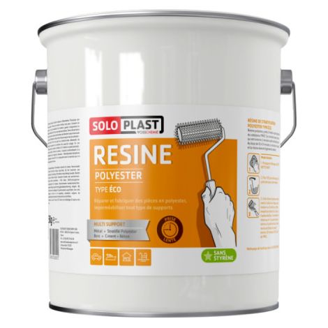 Résine polyester Éco – Colle multi-usage pour bois, métal et pierre – Pré accélérée, thixotrope, faible émanation de styrène – Pot de 5 kg – Soloplast