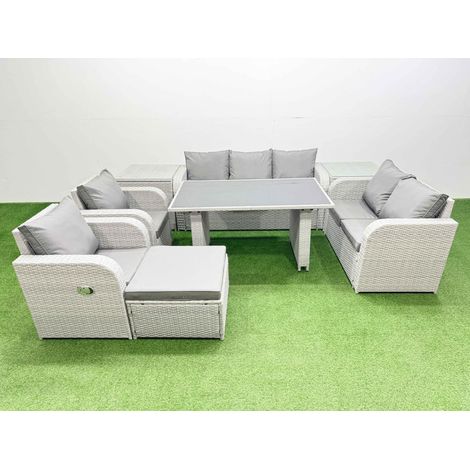 Fimous 9 Seater Garden Furniture Set PE Ratten Garden Sofa Set with Rectangular Dining Table Big Stool 2 Side Tables Light Grey (1/5)