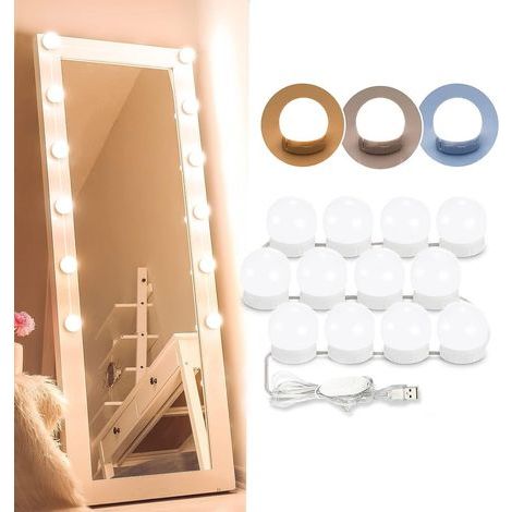 Lumière de Miroir, 12 Ampoules Hollywood Kit de Lumière LED Dimmable Lampe pour Miroir Cosmétique Salle de Bain 3 Couleurs 10 Niveaux de Luminosité avec Adaptateur (Miroir Non Inclus) (1/5)