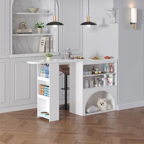 Table Haute de Bar Extensible - 120-200x40x100 cm - Pivotante Mange-Debout Îlot Cuisine avec Espace Animaux Effet Marbre - Blanc (1/5)