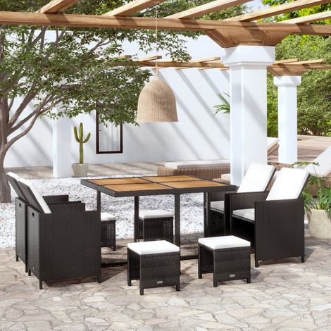 9-tlg. Garten-Essgruppe Poly Rattan Akazienholz Schwarz (1/5)