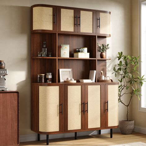 Credenza da cucina, alta 180 cm, con 8 ante, frontali intrecciati, gambe in ferro, in MDF color noce e ampio spazio contenitivo (1/5)