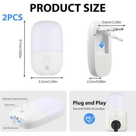 Veilleuse - Prise Électrique - 5 Niveaux De Luminosité Réglable - Mode Auto Capteur De Luminosité - 2700 K - Pour Chambre Couloir Salle De Bain - 2 Pièces (1/5)