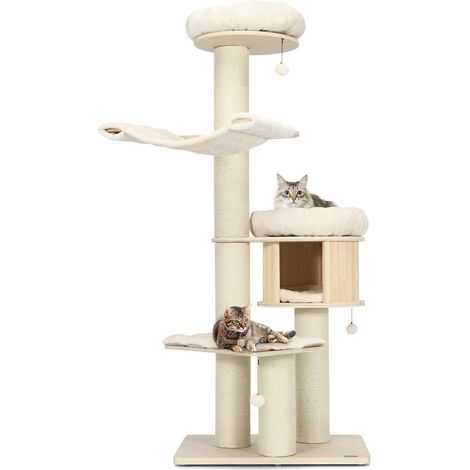 Arbre à chat naturel en bois de 174 cm à 4 niveaux avec poteaux en sisal, hamac et niche pour salon, chambre et maison (1/5)