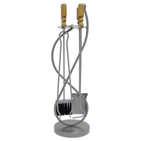Trespolo per Attrezzi Camino con Paletta Scopino Attizzino e Pinza 19x19x72 cm in Ferro e Legno Grigio Martellato (1/2)