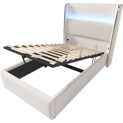 Cama canapé hidráulica 90x200 cm con colchón, LED, USB/Type-C, cabecero alto beige HOMVRA (1/5)
